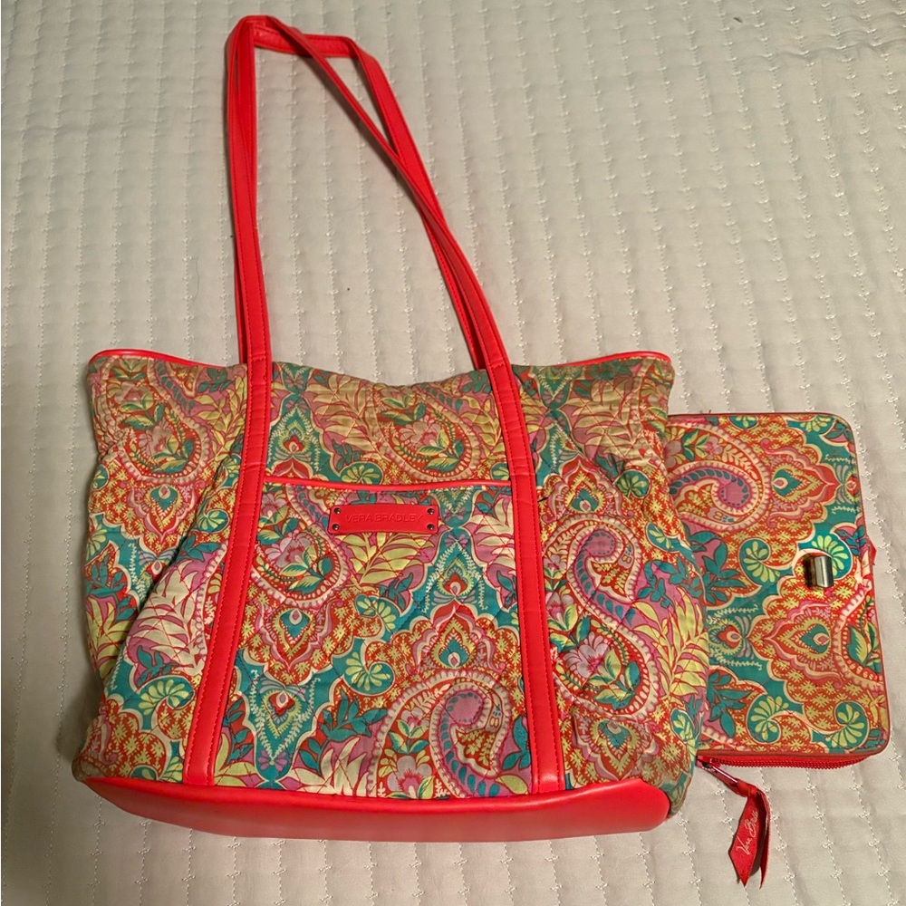 Vera Bradley Coral and Green Shoulder Bag with Paisley Print
